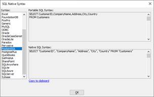 SQL Native Syntax dialog.